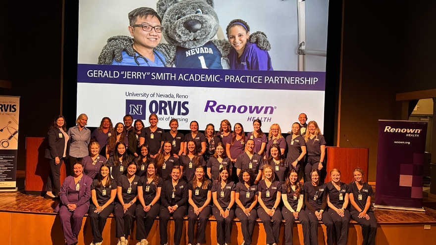 Nurses from Renown Health and a group of students from the Orvis School of Nursing pose for a photo.