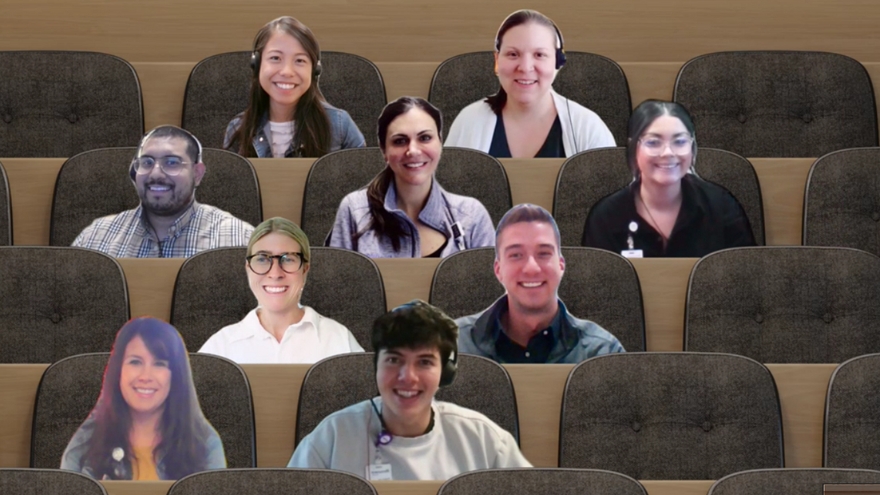 The Patient Experience team takes a photo "in office chairs" during their virtual huddle.