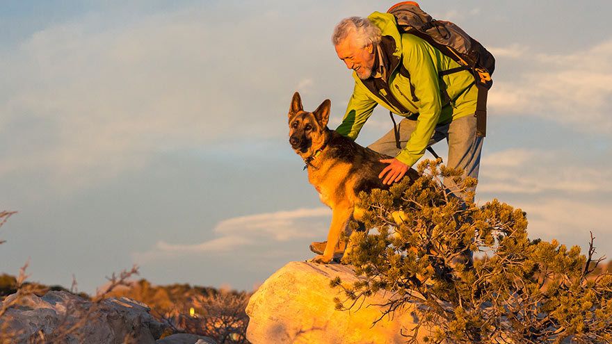 Hombre haciendo senderismo con su perro, parado sobre una roca